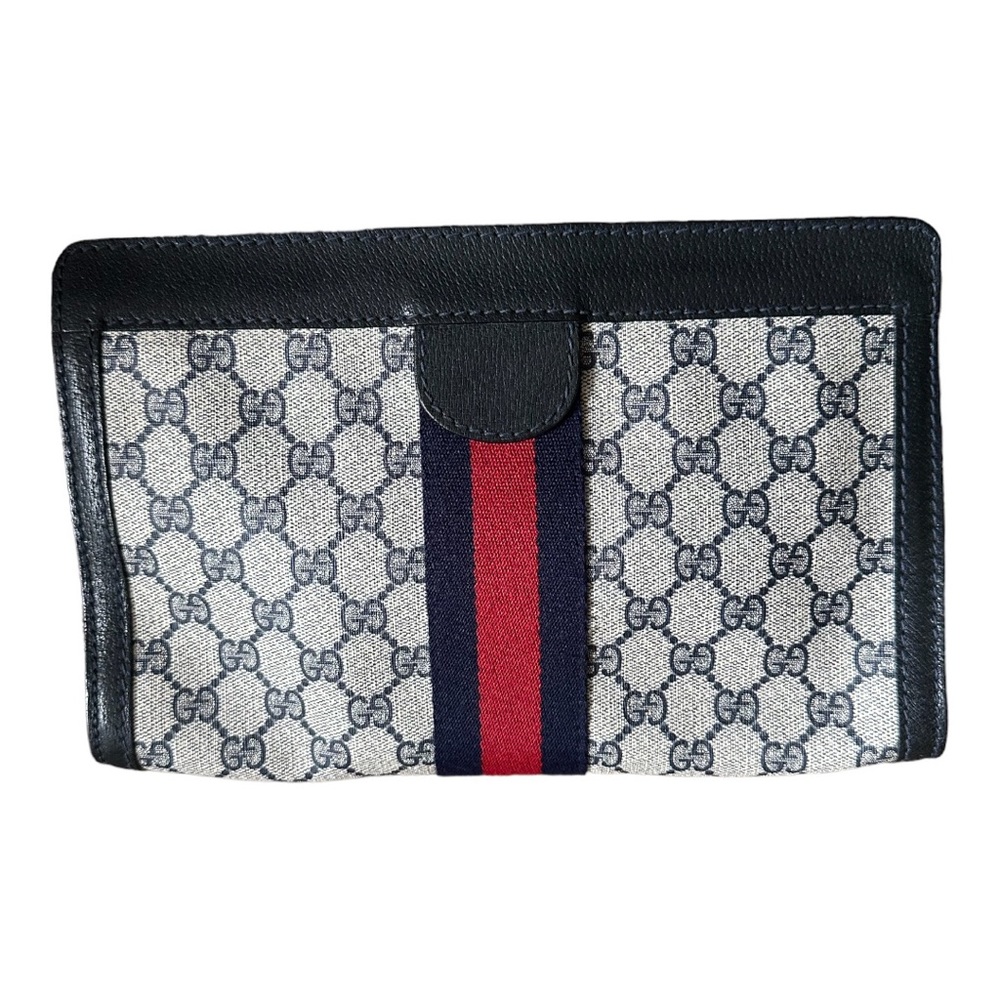 GUCCI Vintage Sherry Line GG Web PVC Canvas Leather Navy Blue Clutch Bag - Picture 2 of 11